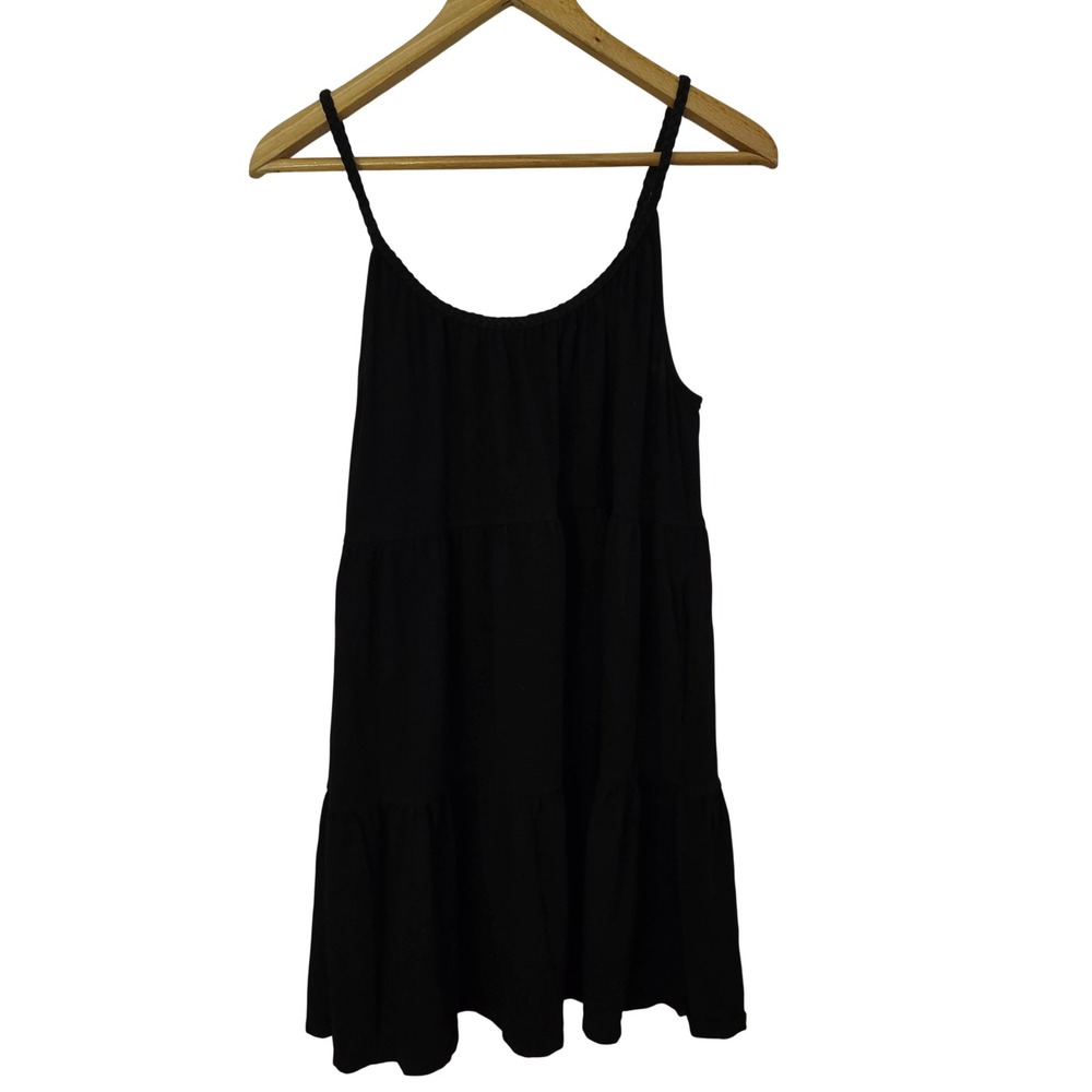 Old Navy Womens Large Black Tiered Knit Mini Dress Braided Strap Pockets